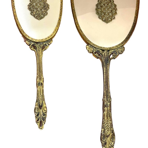 Vintage Antiqued Ormolu Brass heavy ornate metal Vanity set mirror brush - Picture 7 of 11